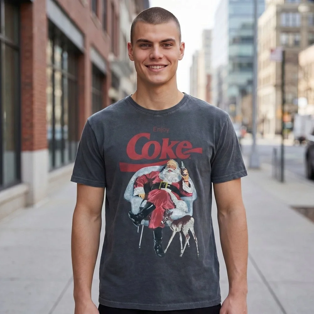 NEW Lucky Brand Coca-Cola Santa Claus Christmas Charcoal Graphic T-Shirt Mens‎ L
